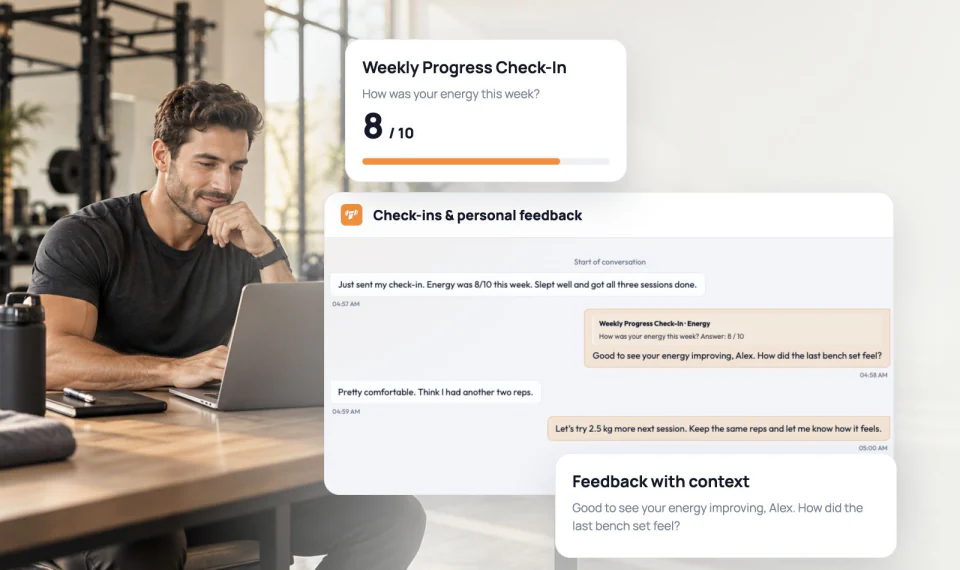 Client conversation with a quoted check-in answer and personal coaching feedback