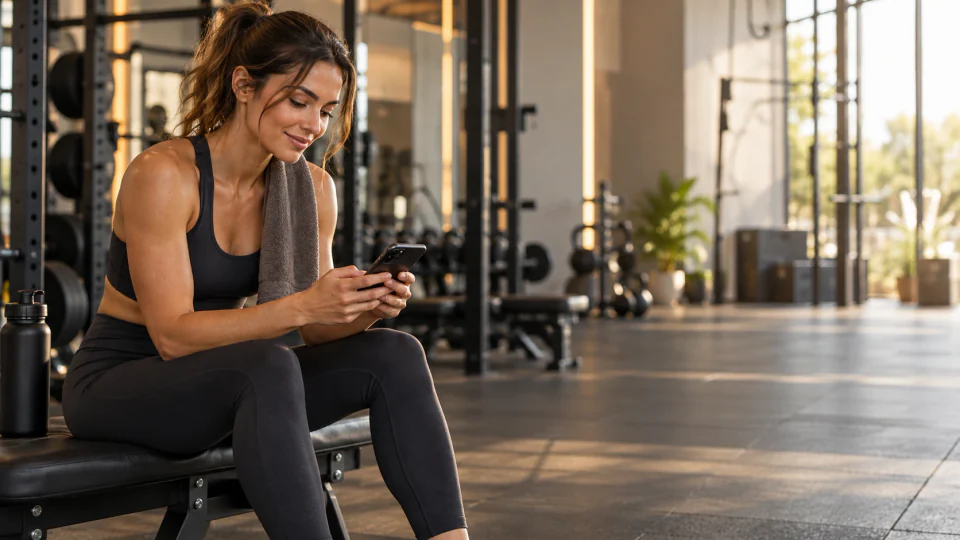 Training client checking her plan between sets