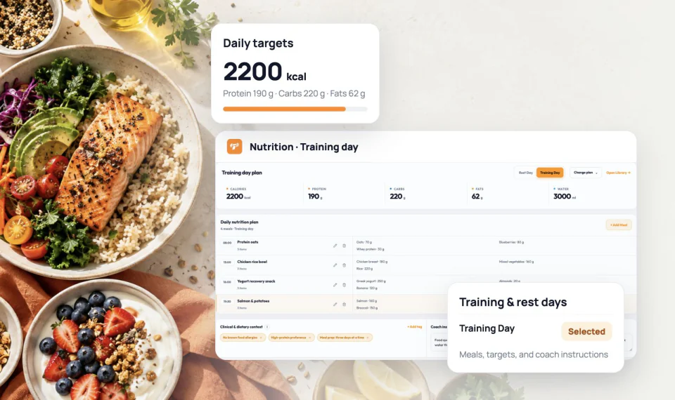 Training-day nutrition plan with targets, meals, dietary context, and coach instructions