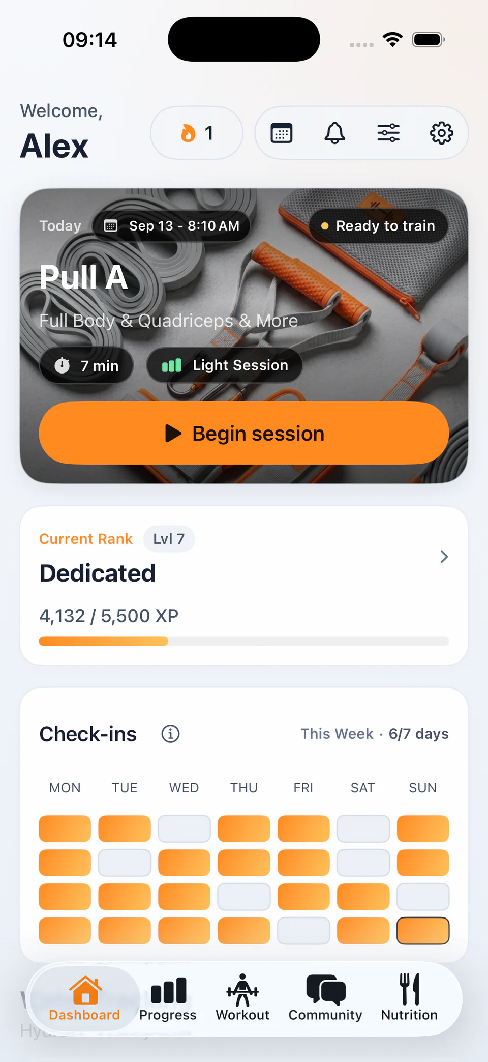 Trainly iOS dashboard with today’s workout, rank, and check-ins