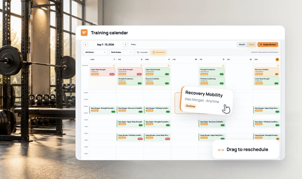 Weekly coaching schedule with timed sessions and online assignments