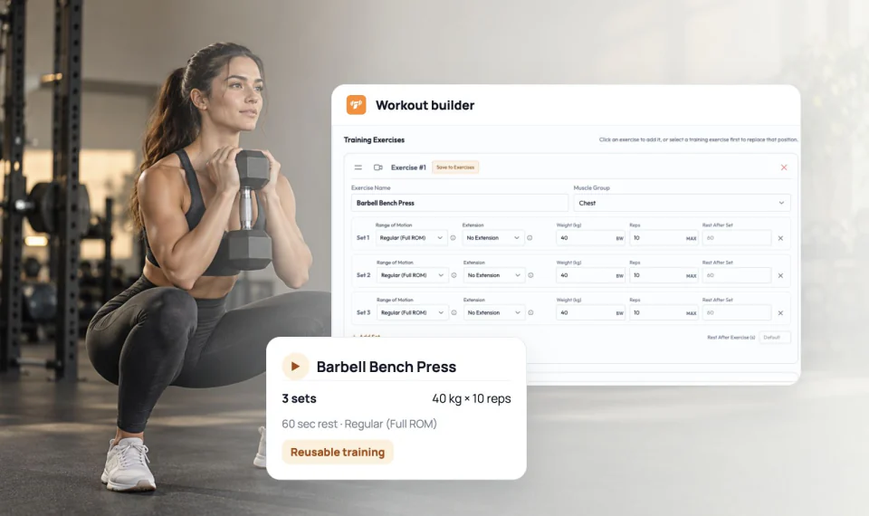 Workout builder with exercises, weights, reps, and rest settings